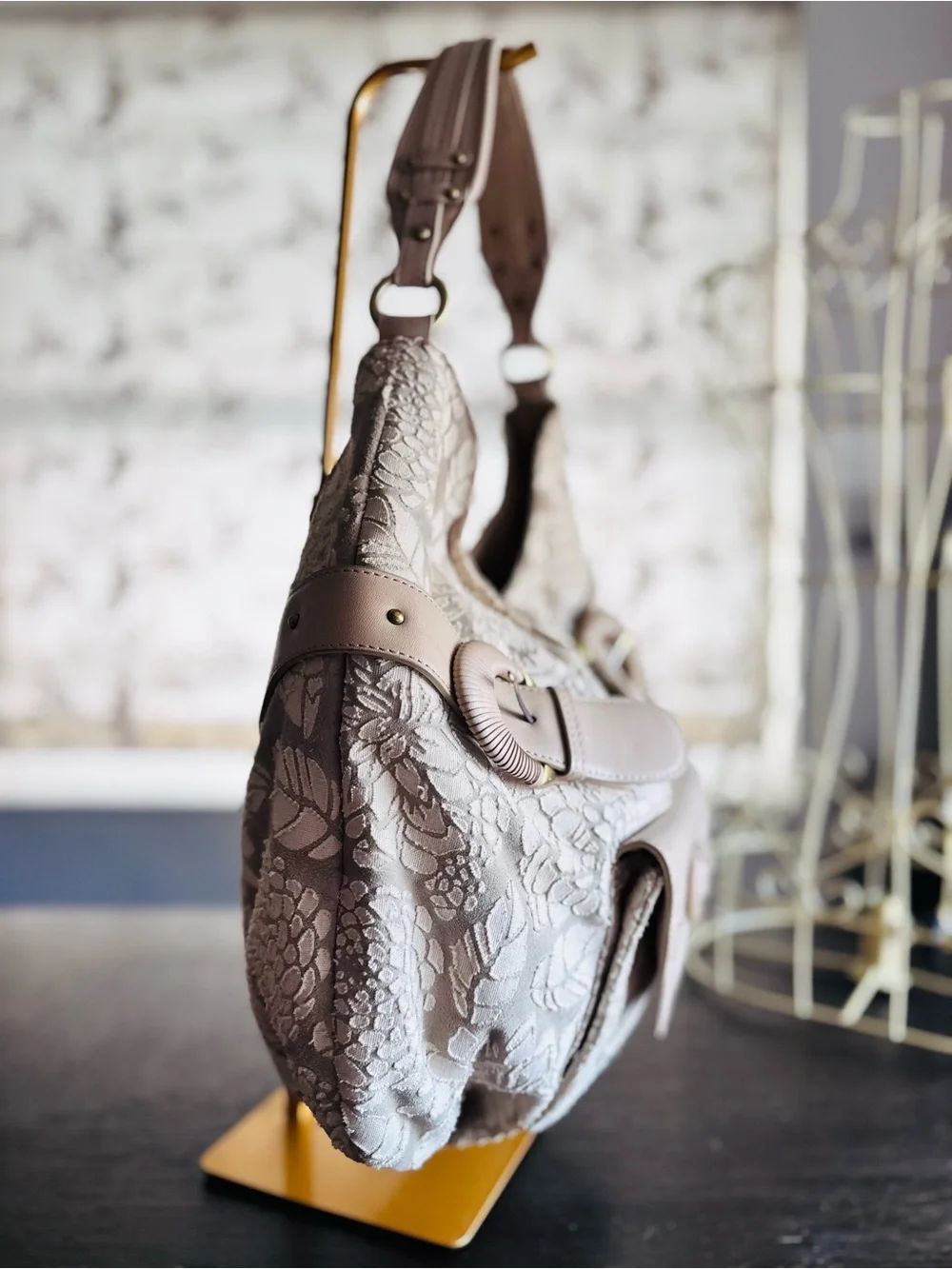Donald J Pliner Floral Jacquard Hobo Shoulder Bag Taupe Leather Boho